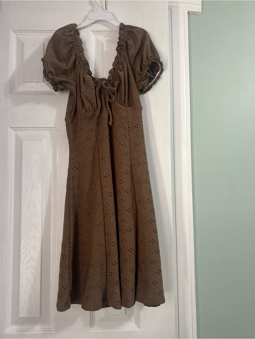 Brown Eyelet Midi Dress with Puff Sleeves